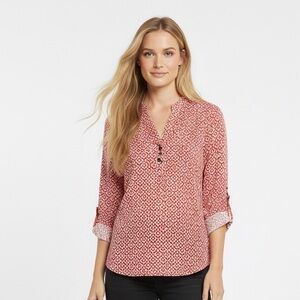 A.N.A. A NEW APPROACH Woman’s Sheer Long Sleeve Geometric Red/White Blouse SZ L